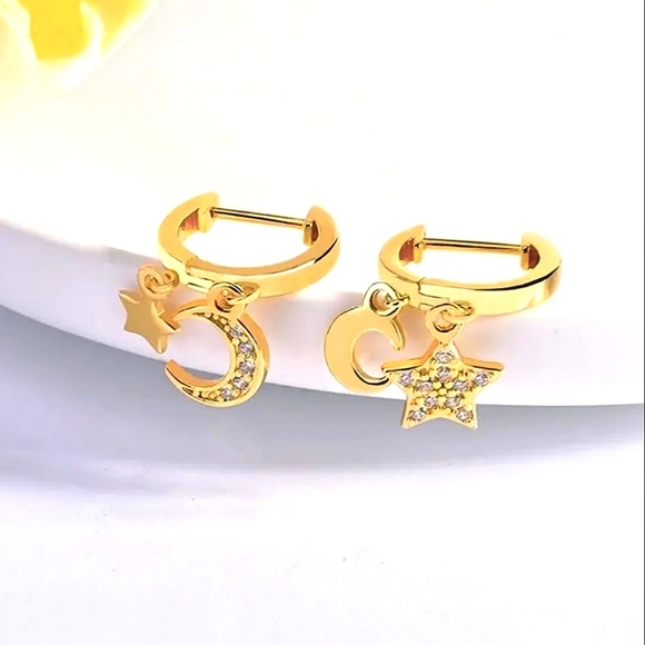 S925 Sterling Silver "Celestial" 18K Gold Plated Hoop/Stud Earrings - Picture 3 of 4